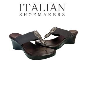Italian Shoemakers Sunsyn Wedge Thong Sandals, Black w/ Rhinestones, Size 6